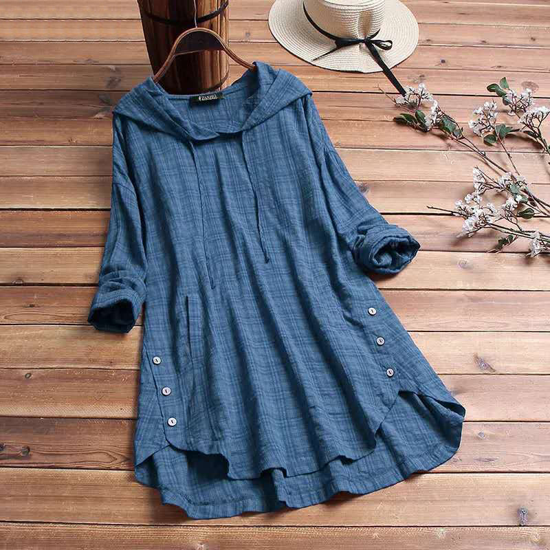 Women's Hooded Tunic Top Long Sleeve Button Hem Shirt