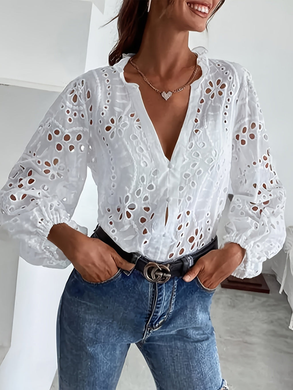 Embroidered Long-Sleeve Blouse