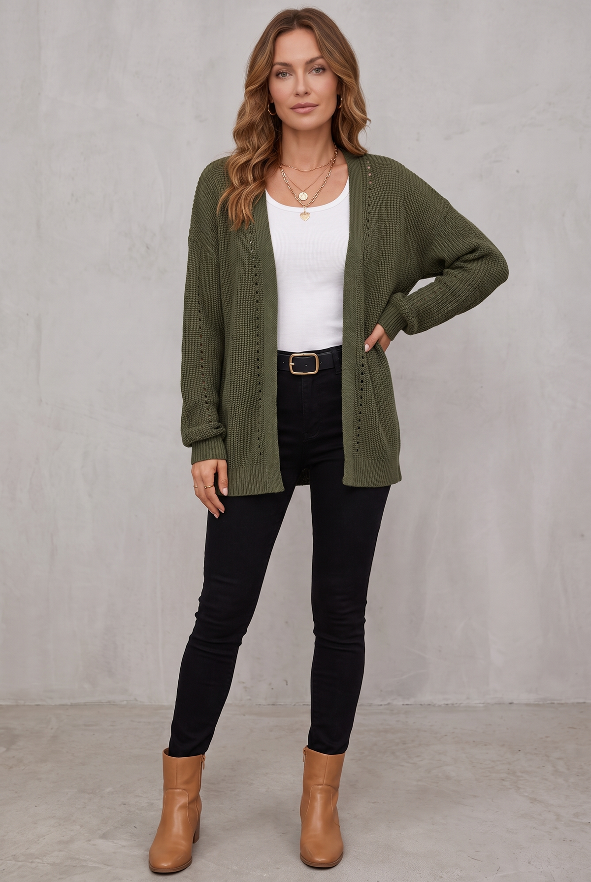 Anneliese | Open Front Pointelle Knit Cardigan with Drop Shoulder for Women