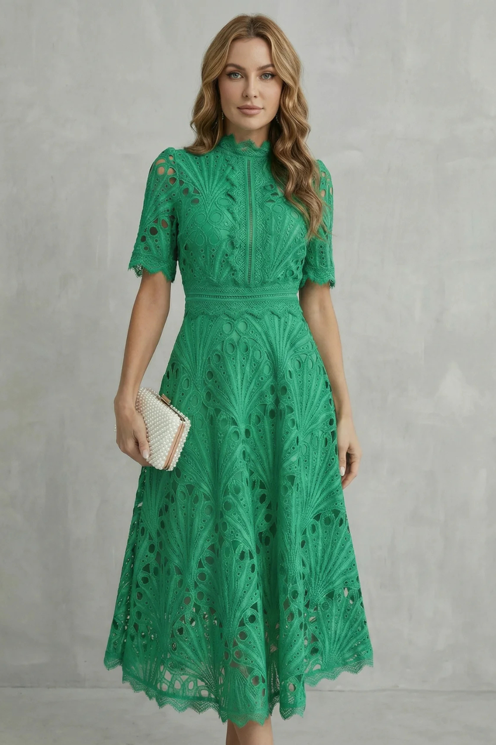 Ornate Lace Refinement High-neck Midi Dress