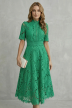 Ornate Lace Refinement High-neck Midi Dress