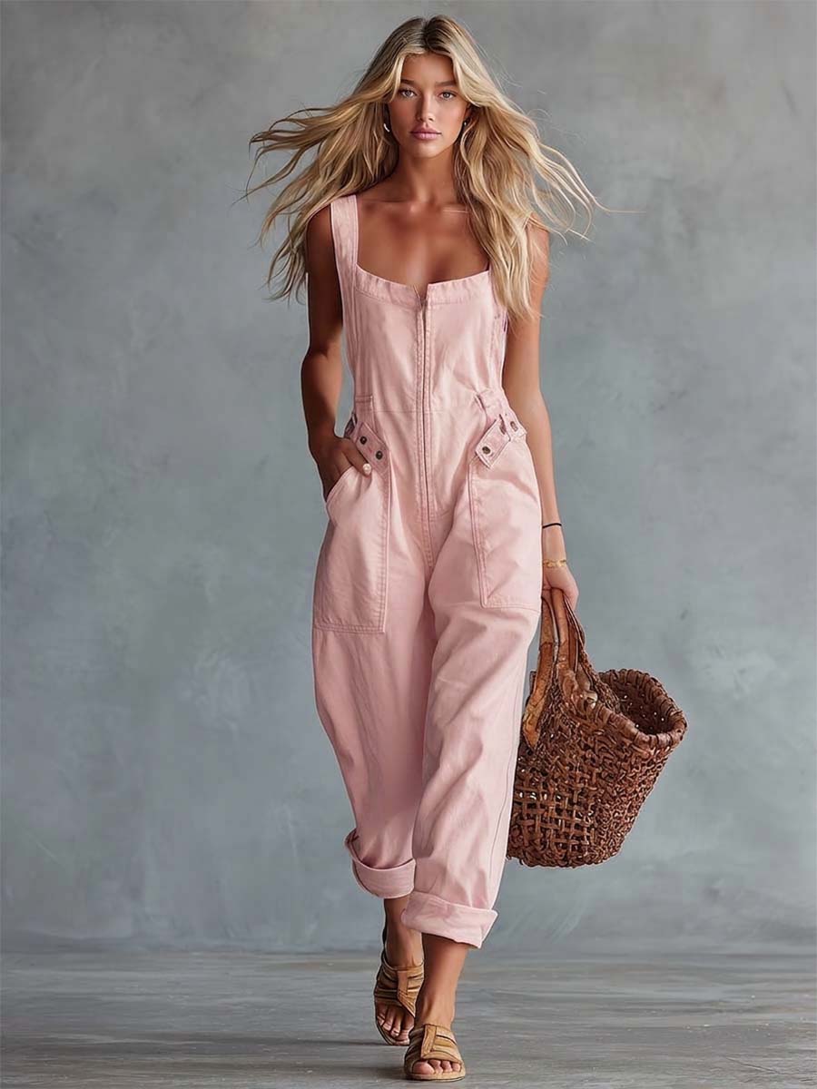 Darienne™ | Casual Retro Square Neck Front Zipper Jumpsuit