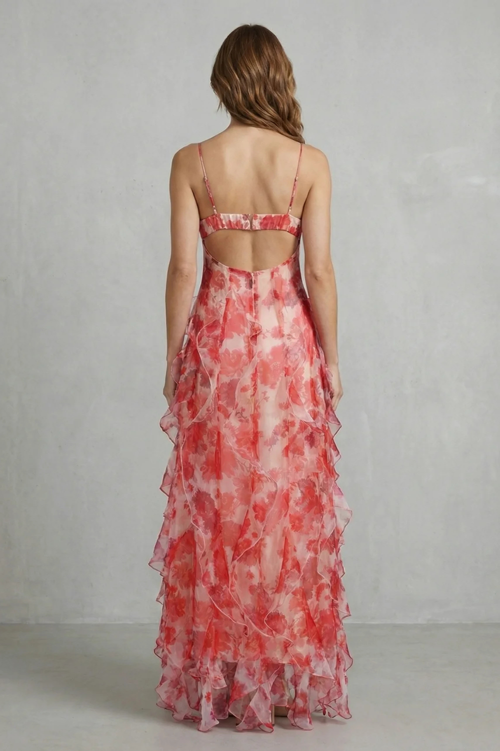 Watercolour Bloom Flow Ruffled Chiffon Maxi Dress
