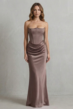 Sculpted Satin Drape Strapless Corset Maxi Dress