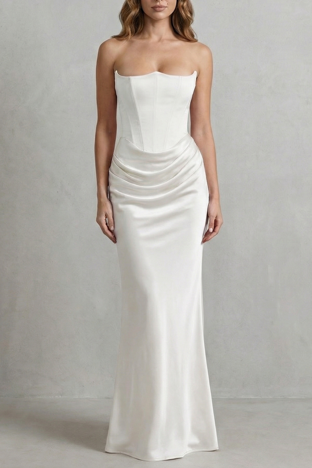 Sculpted Satin Drape Strapless Corset Maxi Dress