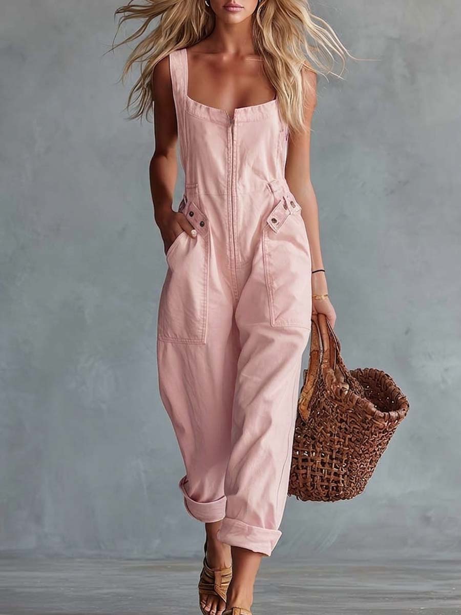 Casual Retro Square Neck Front Zipper Jumpsuit