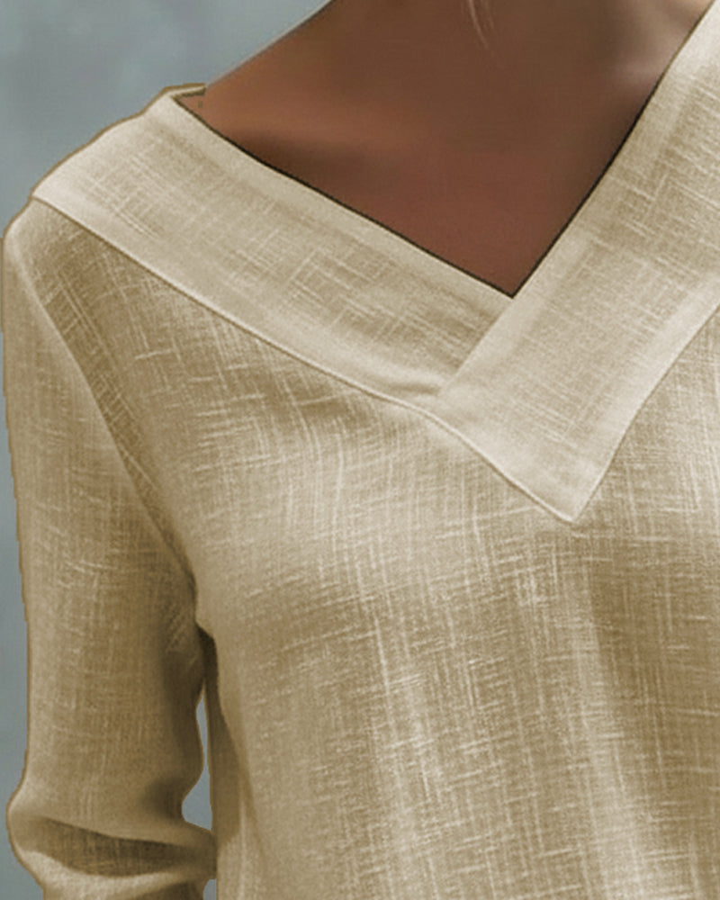 Women's Asymmetric V-Neck Long Sleeve Linen Look Top