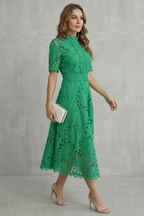 Ornate Lace Refinement High-neck Midi Dress