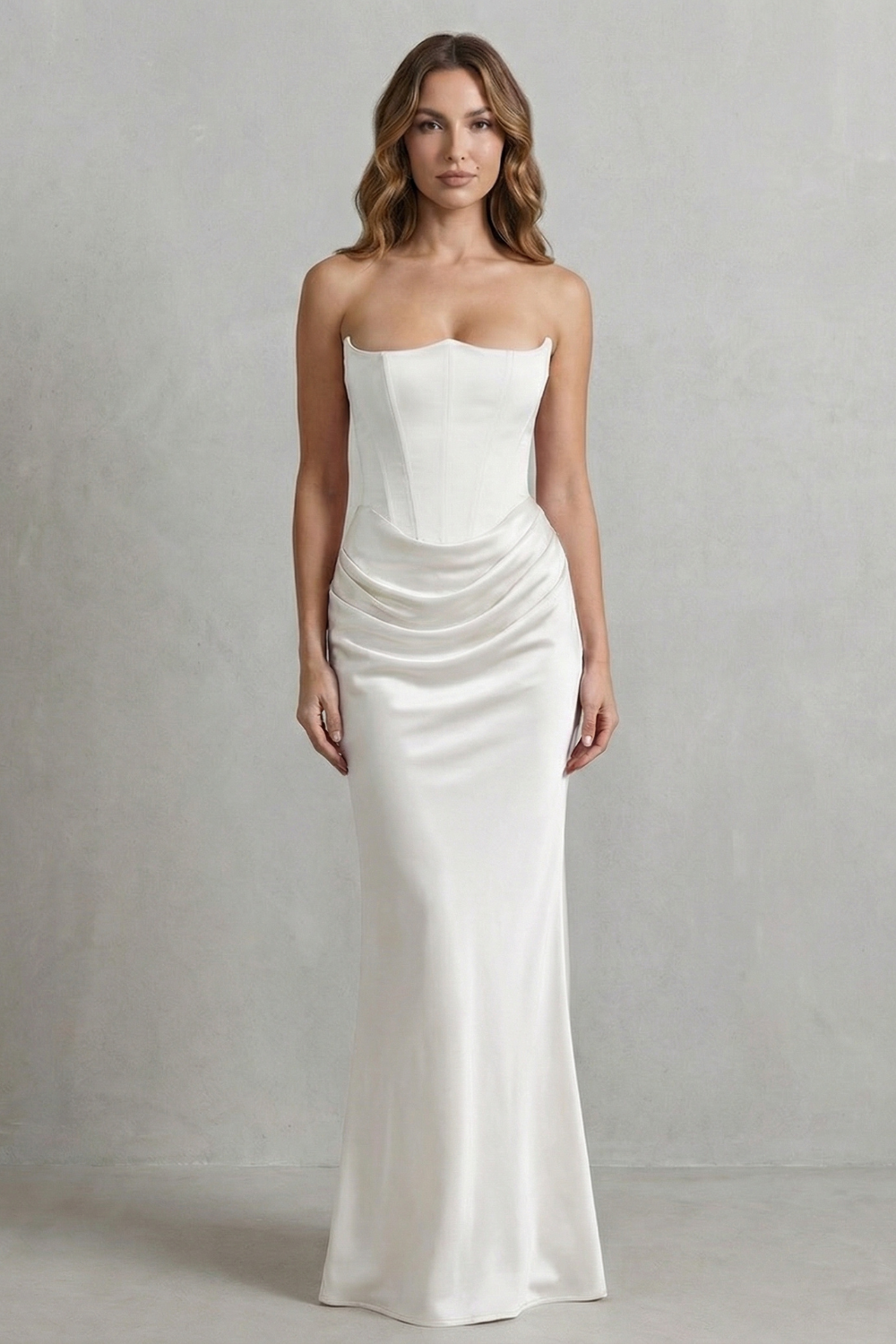 Sculpted Satin Drape Strapless Corset Maxi Dress