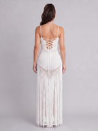 Zephyra | Halter Neck Crochet Fringe Detail Maxi Dress