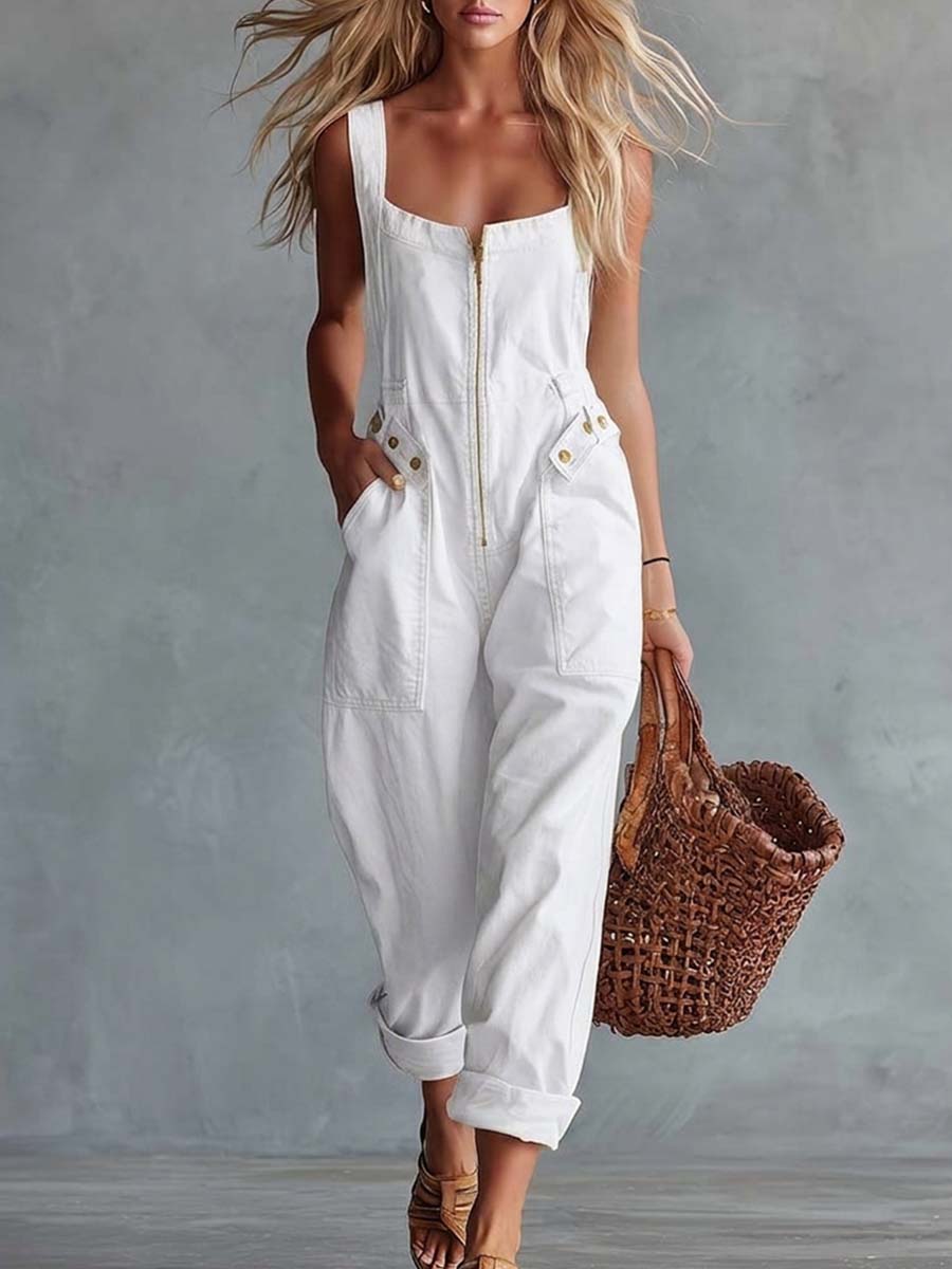 Casual Retro Square Neck Front Zipper Jumpsuit