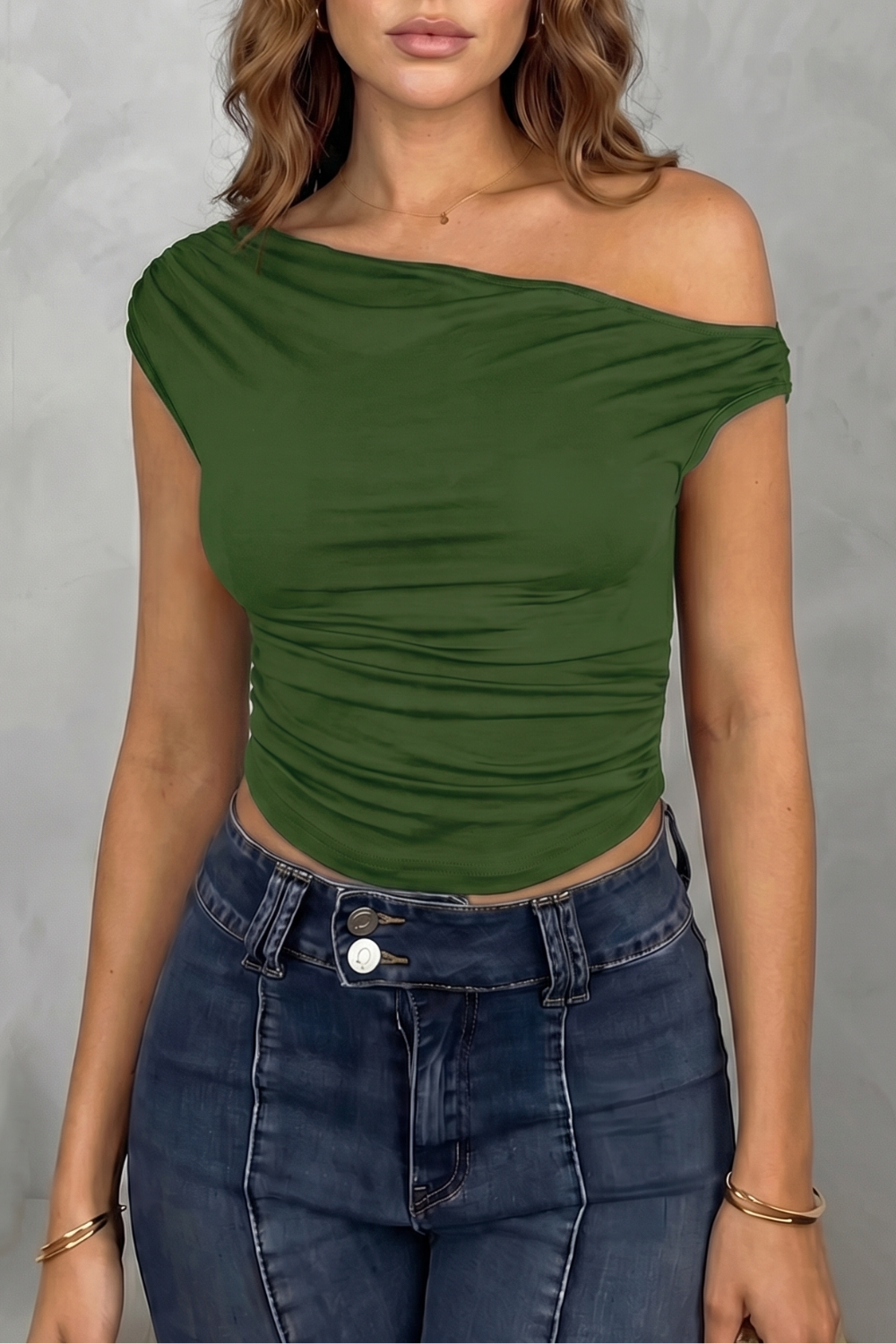 Asymmetric Ruched Silhouette One Shoulder Top