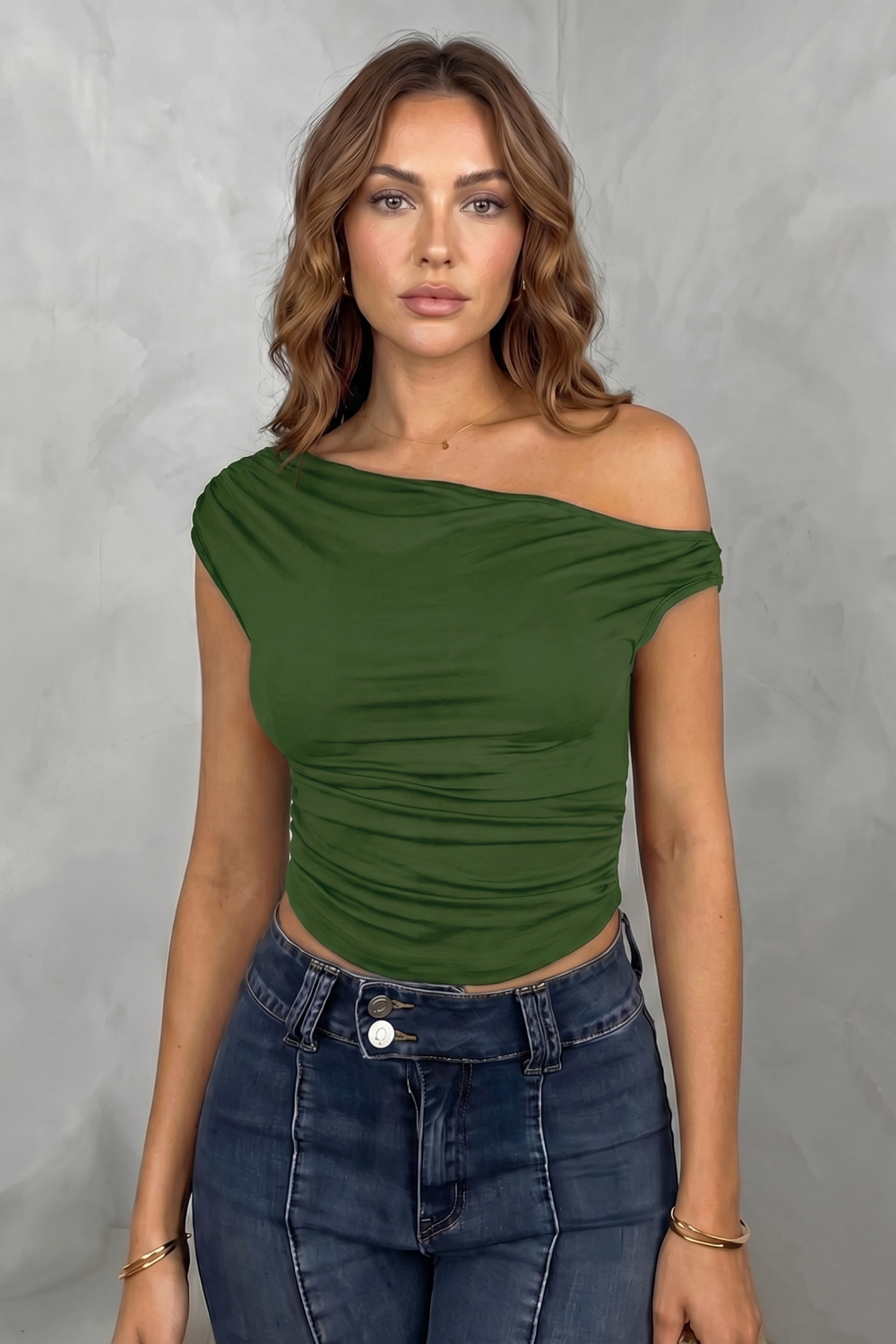 Asymmetric Ruched Silhouette One Shoulder Top