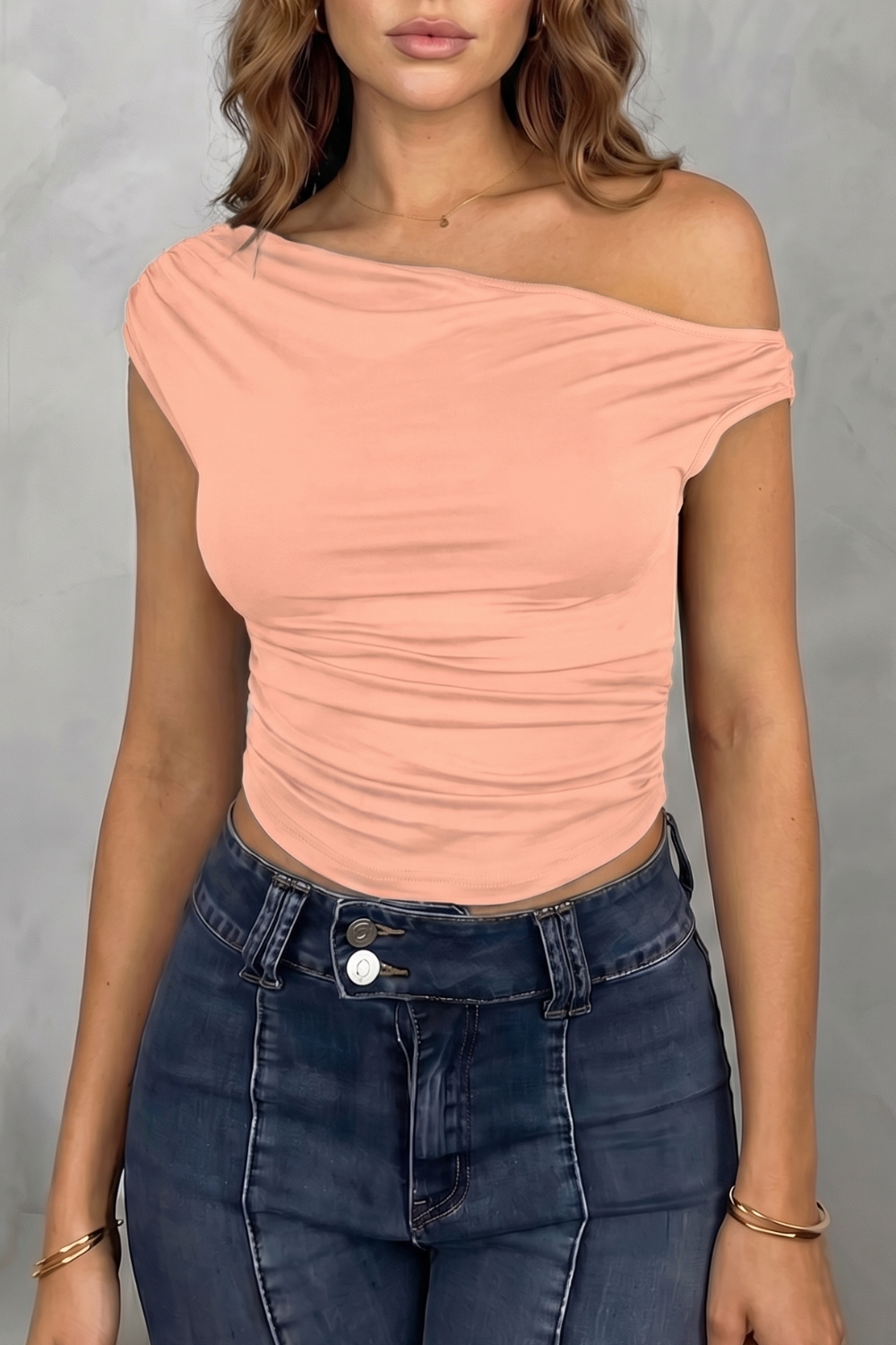 Asymmetric Ruched Silhouette One Shoulder Top