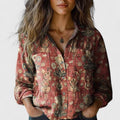Women's Boho Print Long Sleeve Button-Up Blouse - Red