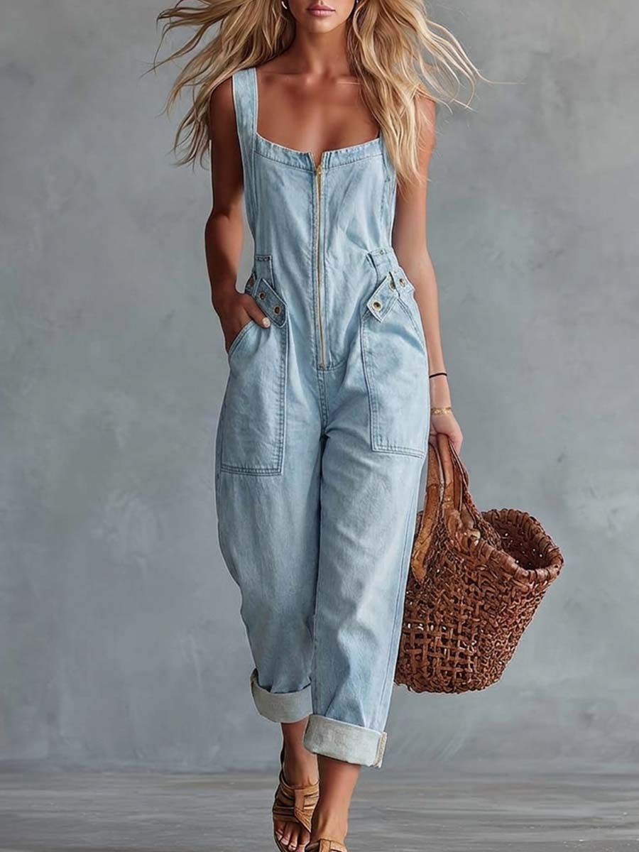 Casual Retro Square Neck Front Zipper Jumpsuit