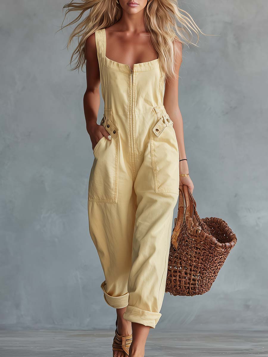 Darienne™ | Casual Retro Square Neck Front Zipper Jumpsuit
