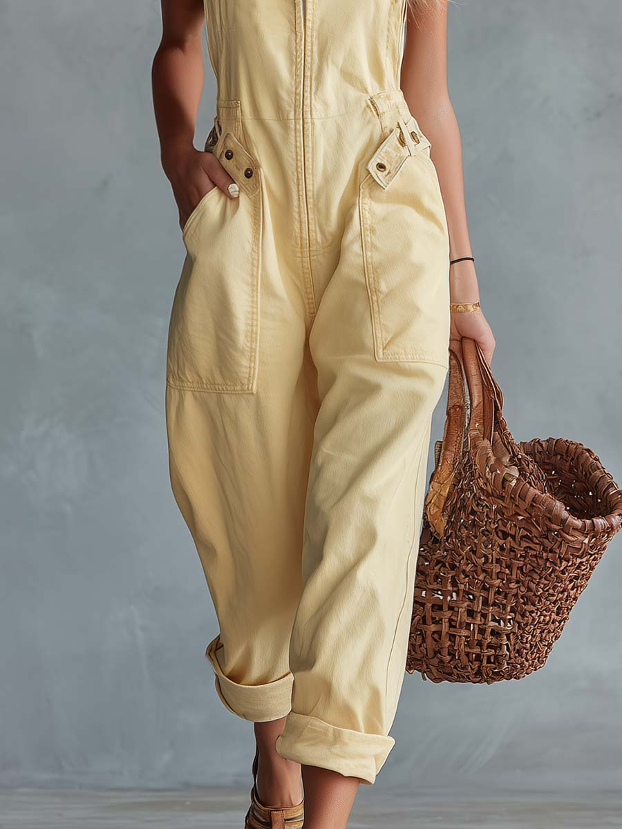 Darienne™ | Casual Retro Square Neck Front Zipper Jumpsuit