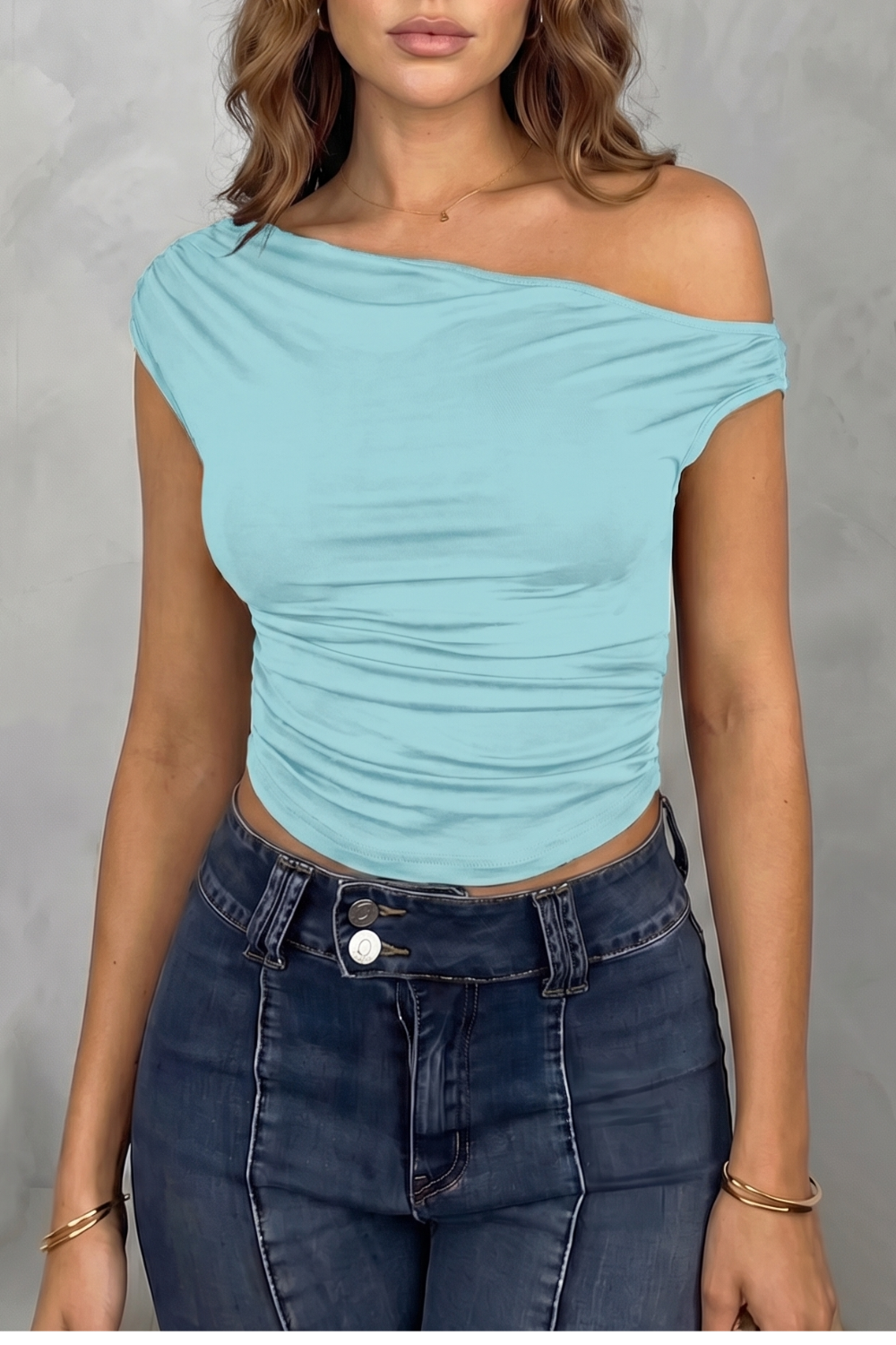 Asymmetric Ruched Silhouette One Shoulder Top