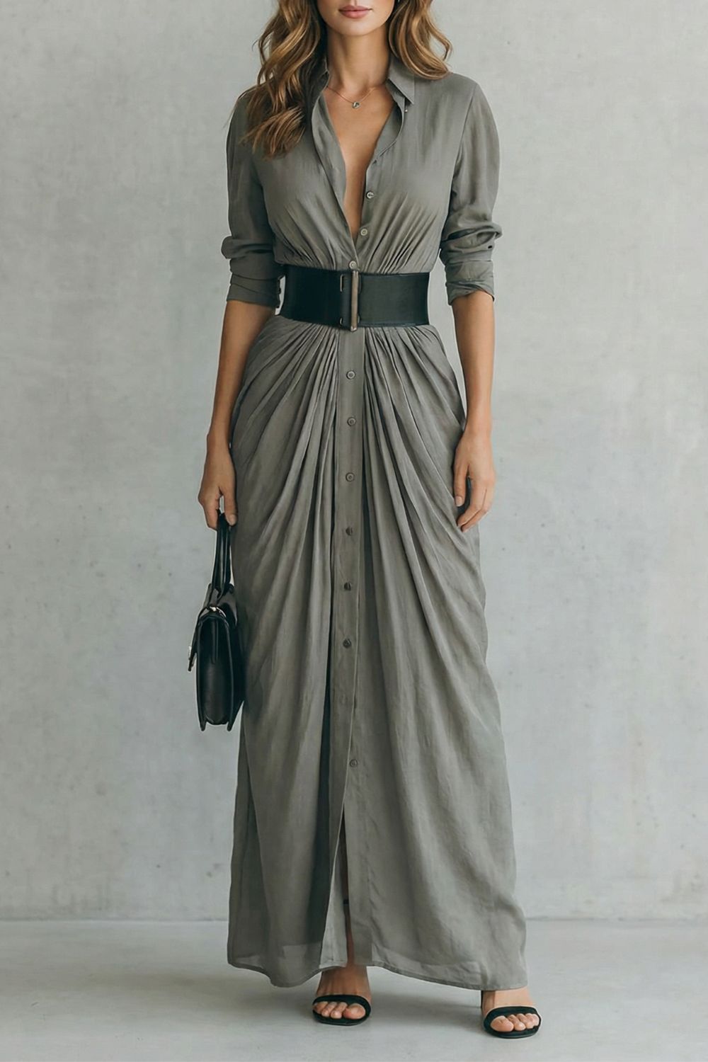 Pleated Waist Drama Maxi Shirt Dress (includes Belt)