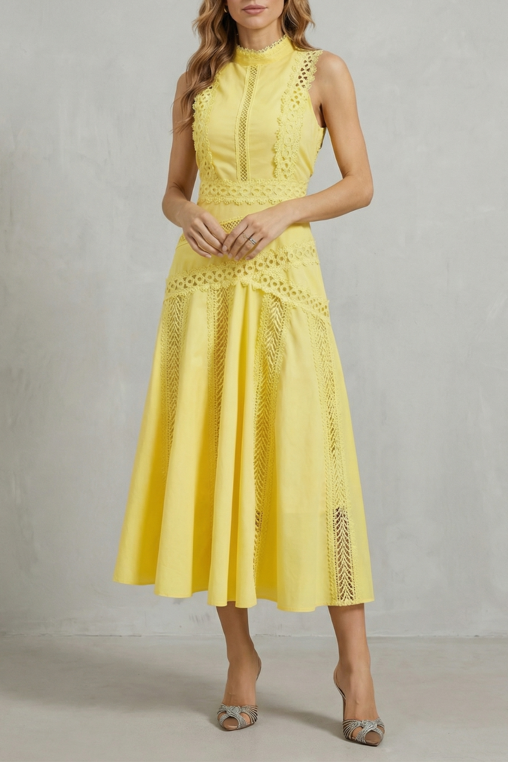 Intricate Lace Panels Elegant Midi Dress