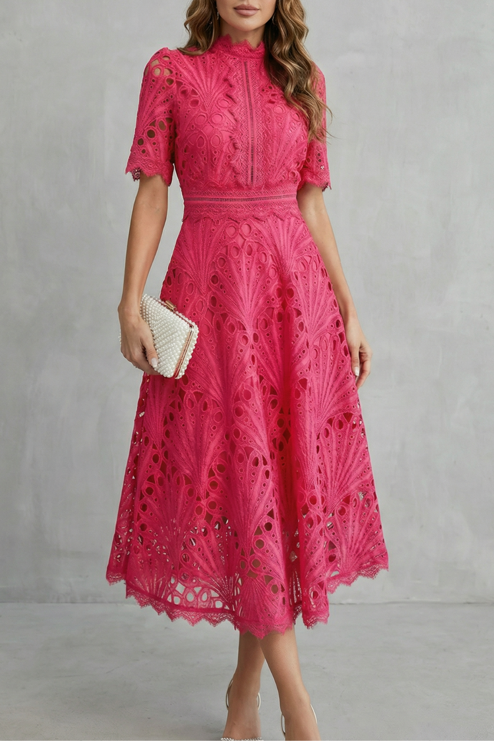 Ornate Lace Refinement High-neck Midi Dress