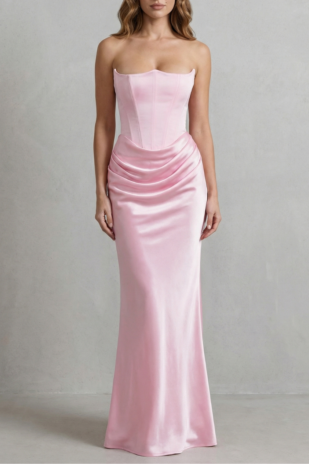 Sculpted Satin Drape Strapless Corset Maxi Dress