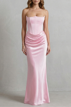 Sculpted Satin Drape Strapless Corset Maxi Dress