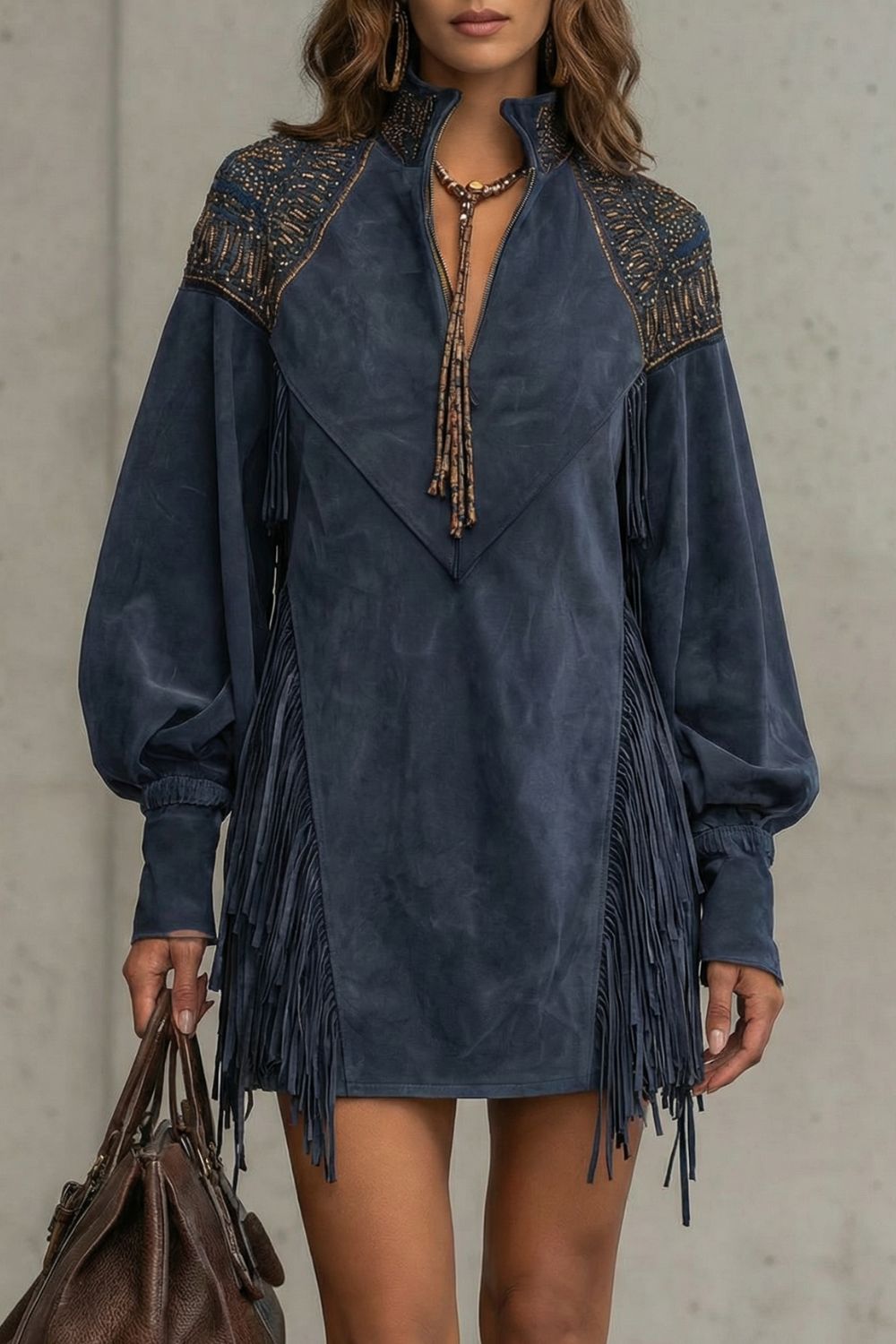Embroidered Fringe Detail Tunic Mini Dress