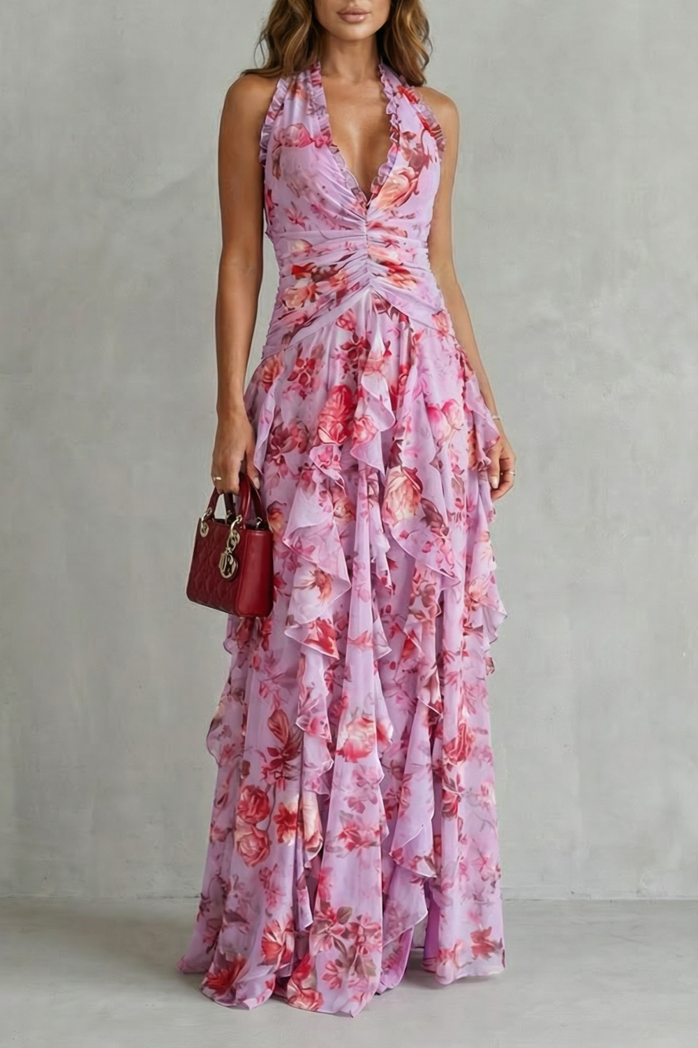 Romantic Rose Cascade Halter Maxi Dress