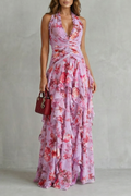 Romantic Rose Cascade Halter Maxi Dress