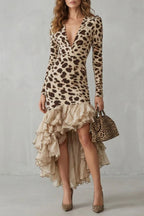 Ruffled Hem Leopard Print Midi Dress