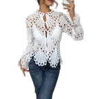 Women's Crochet Hollow Lace Long Sleeve Blouse Scallop Hem - White