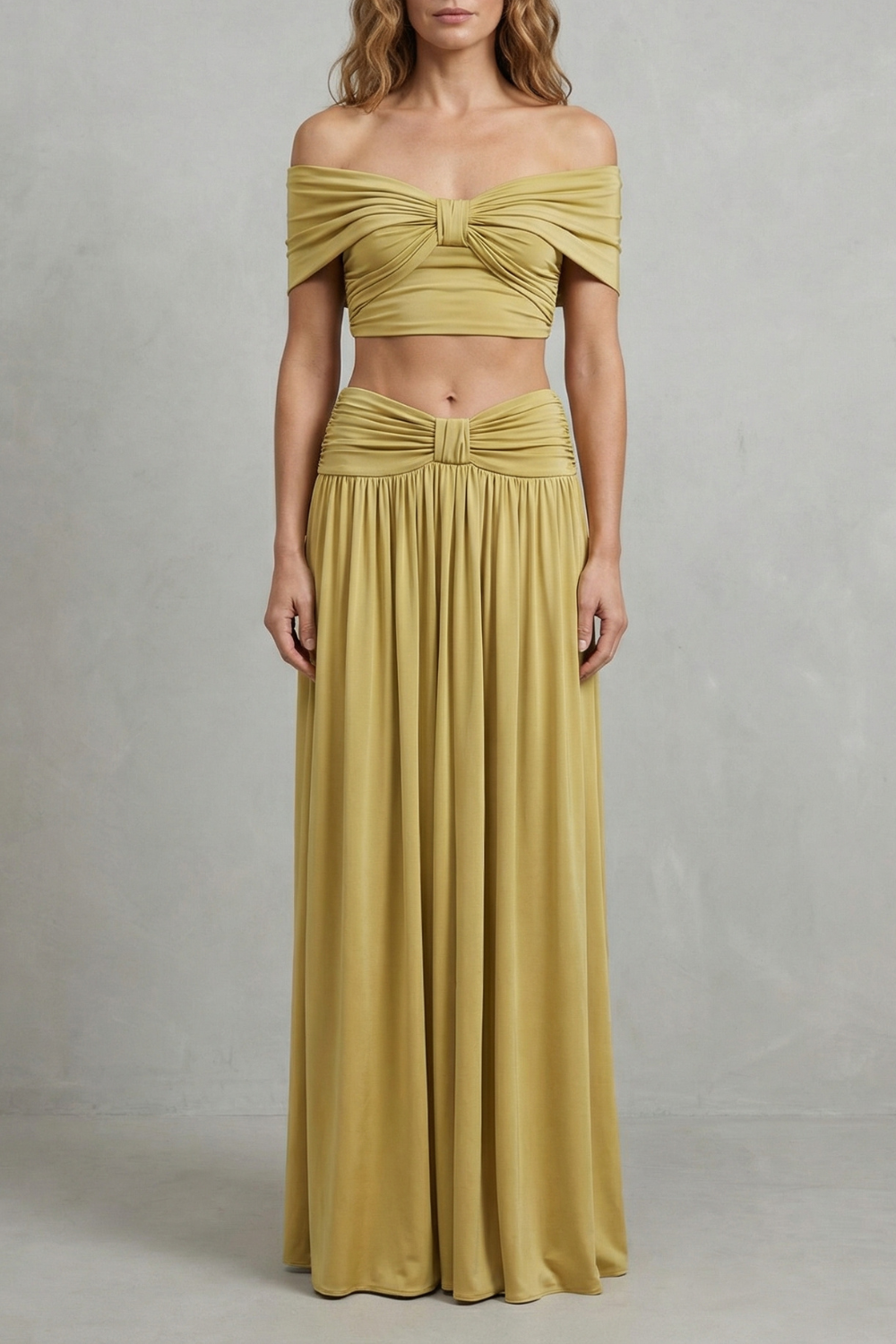 Golden Glow Women’s Off-Shoulder Ruched Skirt Set