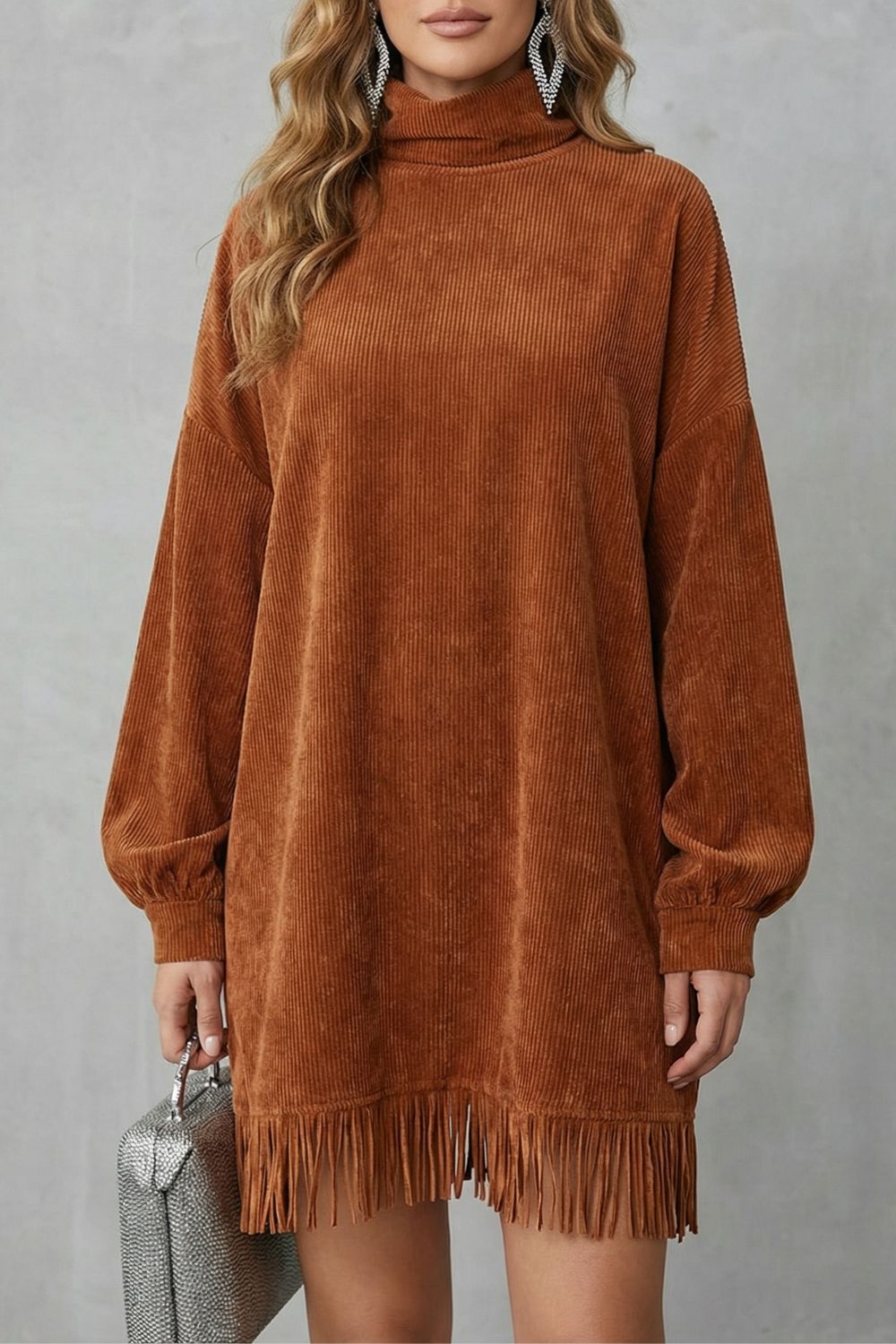 Fringed Charm Turtleneck Mini Dress