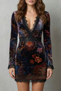 Baroque Lace Plunge Velvet Mini Dress