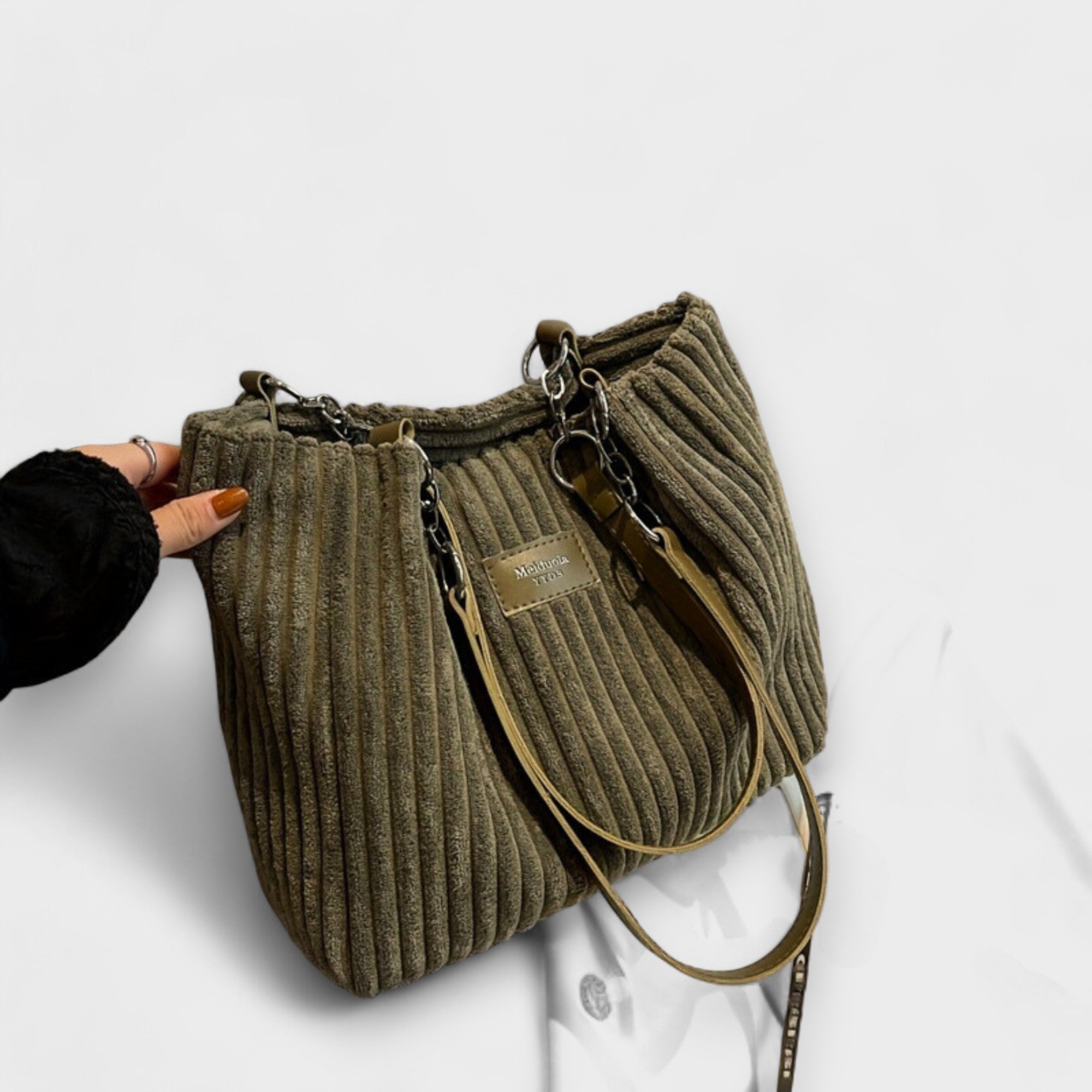 Olivia - Soft Cord Shoulder Bag - Khaki
