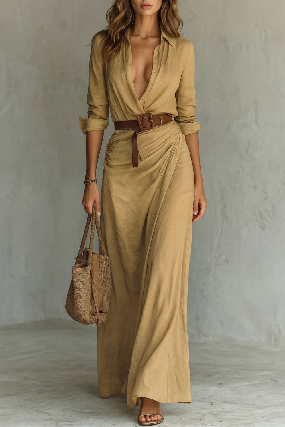 Button-down Wrap Dress Belted Maxi Dress