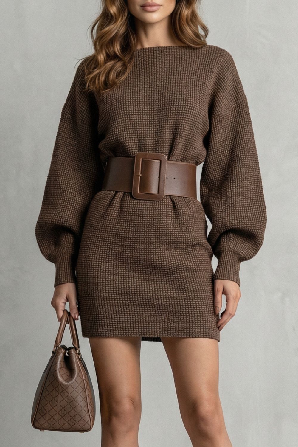 Structured Knit Fit Belted Mini Dress (Belt Included)