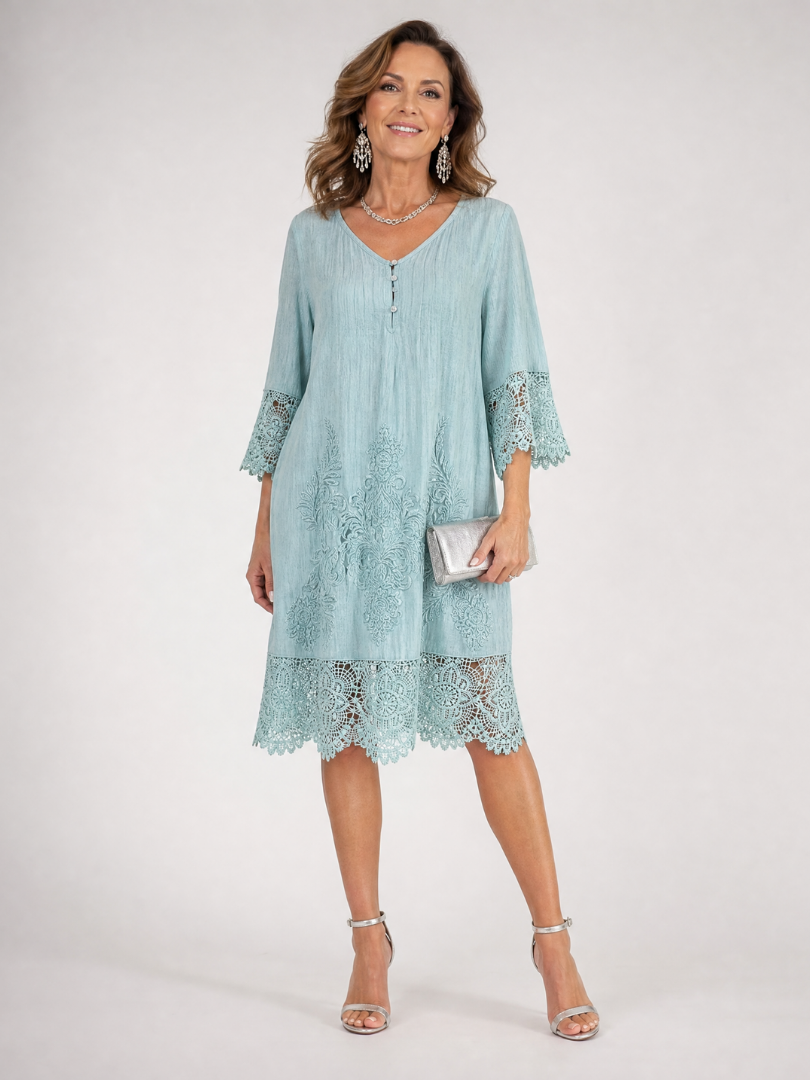 Tina™ | Embroidered Lace Trim Shift Midi Dress
