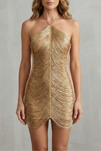 Liquid Gold Shimmer Fringe Mini Dress