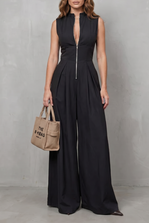 Sculpted zip-front elegance | Wide leg jumpsuit - Black
