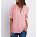 Women's Zip V-Neck 3/4 Sleeve Blouse Casual Top - Pink