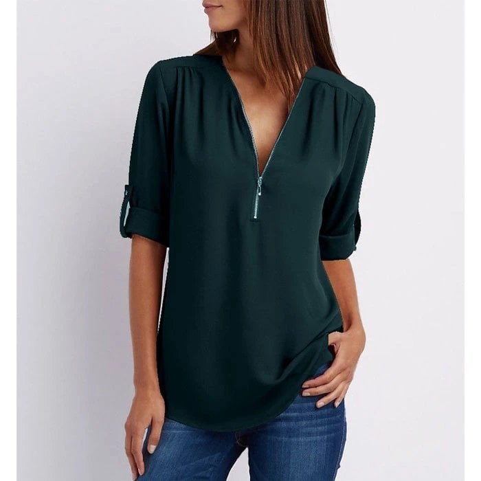 Women's Zip V-Neck 3/4 Sleeve Blouse Casual Top
