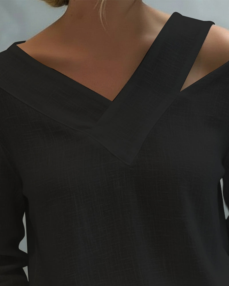 Women's Asymmetric V-Neck Long Sleeve Linen Look Top