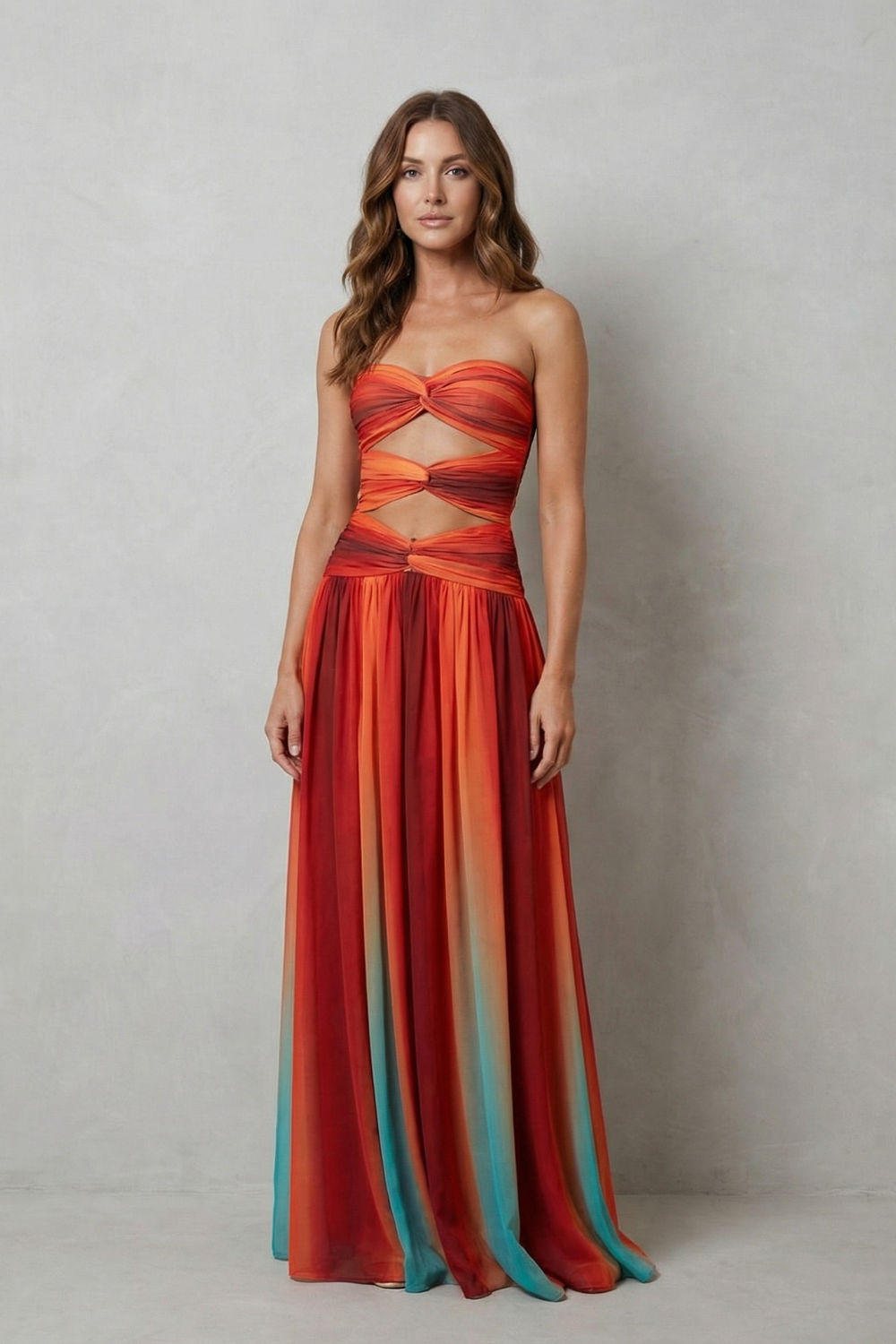 Sunset Ombré Allure Strapless Maxi Dress