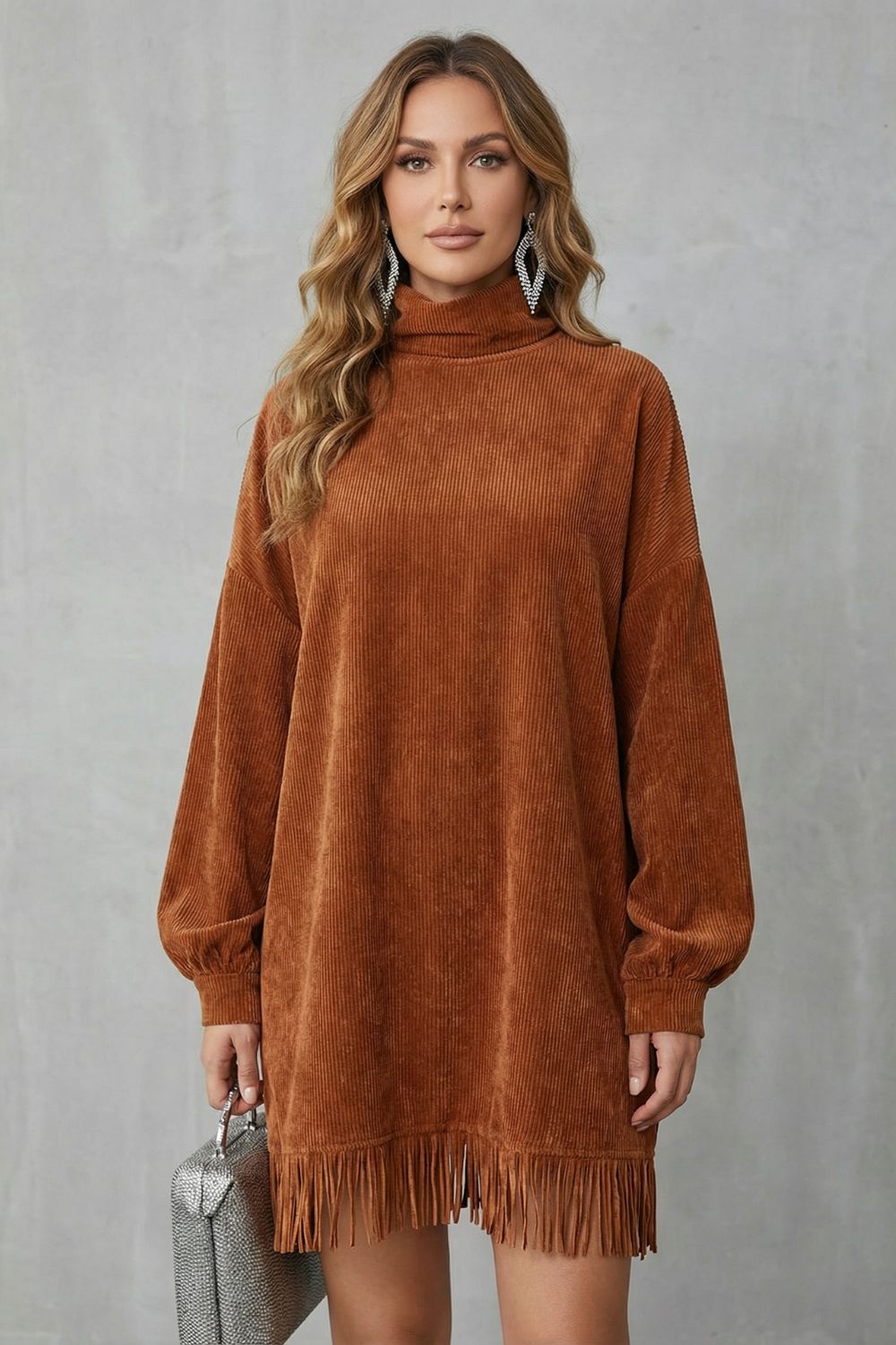 Fringed Charm Turtleneck Mini Dress