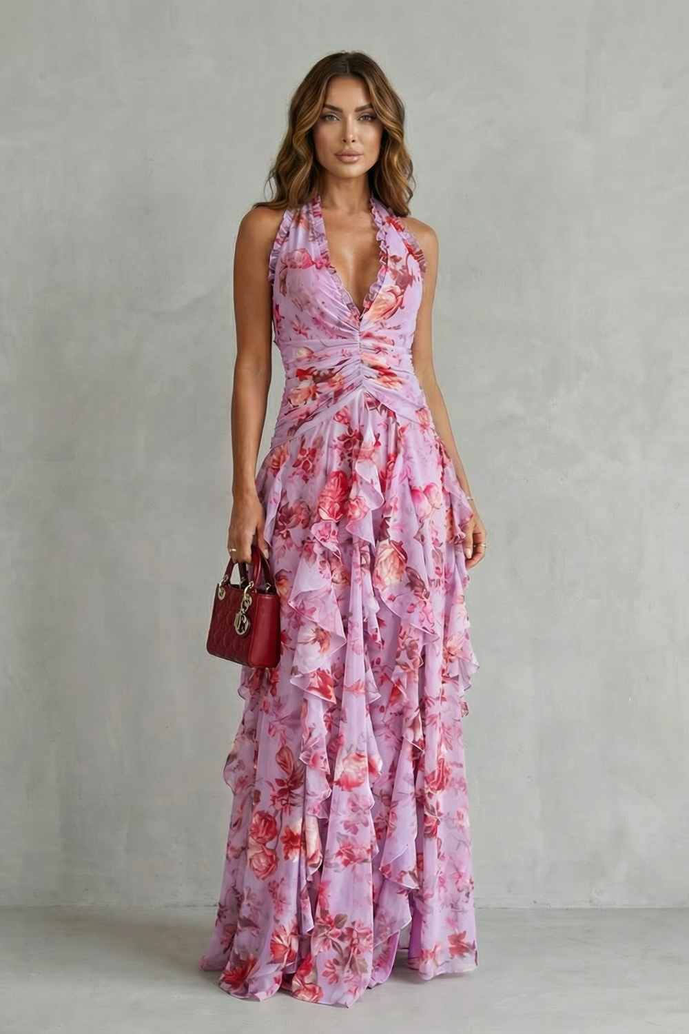 Romantic Rose Cascade Halter Maxi Dress