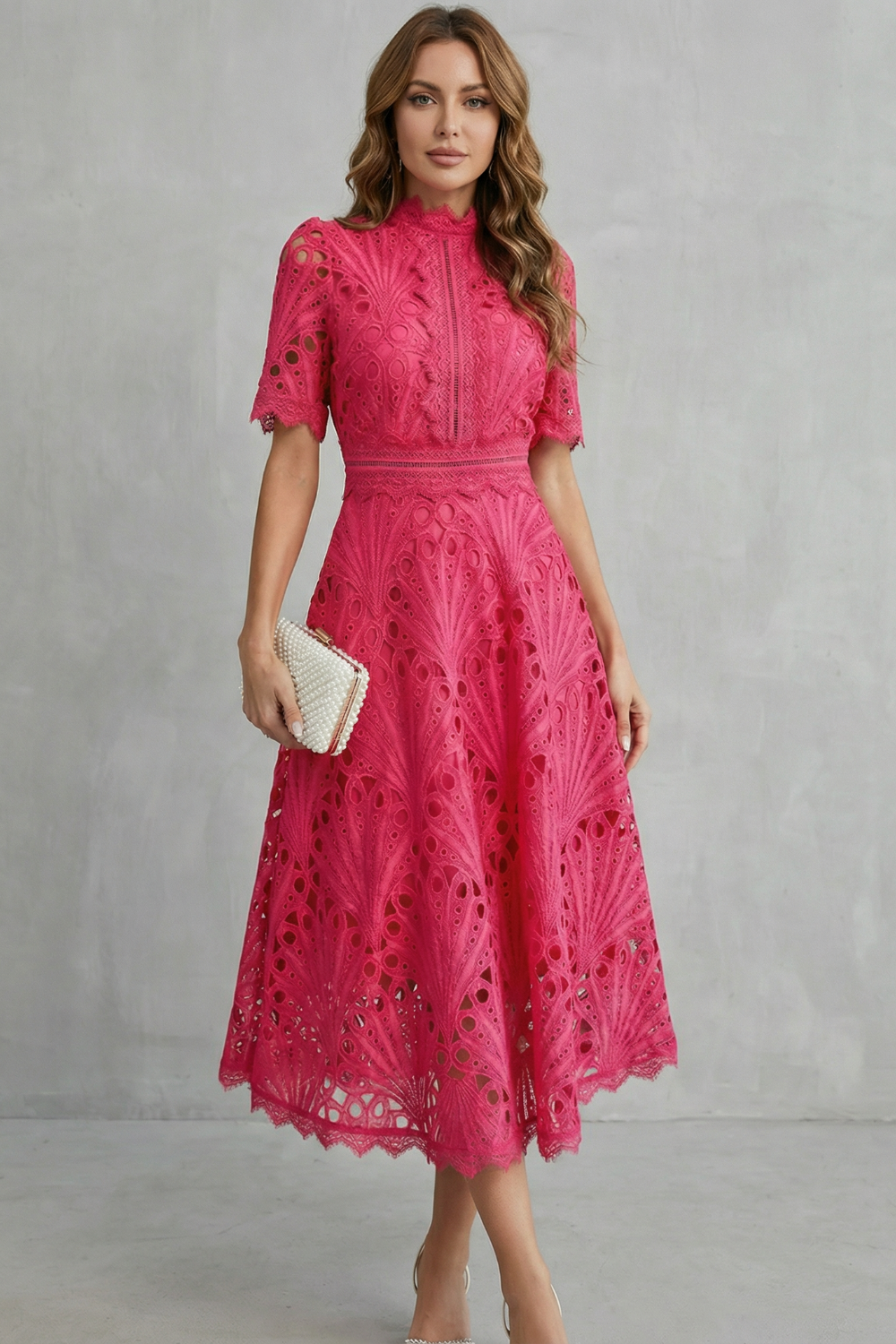 Ornate Lace Refinement High-neck Midi Dress
