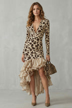 Ruffled Hem Leopard Print Midi Dress